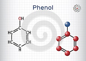 Phenol, carbolic acid molecule. Structural chemical formula, molecule model. Sheet of paper in a cage