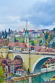 Phenomenal Nydeggbrucke bridge with huge arches in old Bern, Switzerland