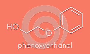 Phenoxyethanol preservative molecule. Often used in pharmaceuticals, cosmetics, etc. Skeletal formula.