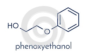 Phenoxyethanol preservative molecule. Often used in pharmaceuticals, cosmetics, etc. Skeletal formula.