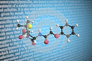 Phenoxymethylpenicillin scientific molecular model, 3D rendering photo