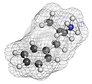 Phentermine appetite suppressant drug molecule. Used in treatment of obesity.