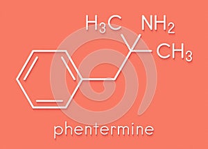 Phentermine appetite suppressant drug molecule. Used in treatment of obesity. Skeletal formula.