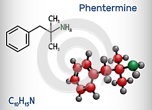 Phentermine, molecule. It is natural monoamine alkaloid derivative, sympathomimetic stimulant with appetite suppressant