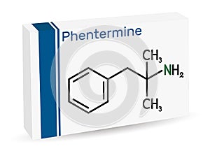 Phentermine, molecule. It is natural monoamine alkaloid derivative, sympathomimetic stimulant with appetite suppressant