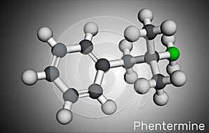 Phentermine, molecule. It is natural monoamine alkaloid derivative, sympathomimetic stimulant with appetite suppressant