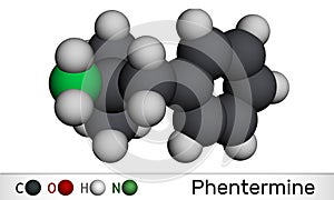 Phentermine, molecule. It is natural monoamine alkaloid derivative, sympathomimetic stimulant with appetite suppressant