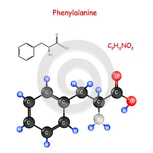 Phenylalanine. Chemical structural formula and model of molecule