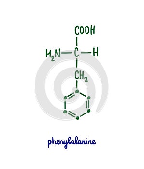Phenylalanine hand drawn vector formula chemical structure lettering blue green