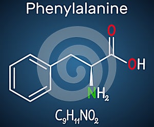 Phenylalanine L-phenylalanine, Phe , F amino acid molecule. Structural chemical formula on the dark blue background photo