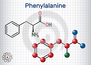 Phenylalanine L-phenylalanine, Phe , F amino acid molecule. Sheet of paper in a cage. Structural chemical formula and molecule photo
