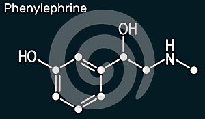 Phenylephrine molecule. It is nasal decongestant with potent vasoconstrictor property. Skeletal chemical formula on the dark blue photo