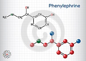 Phenylephrine molecule. It is nasal decongestant with potent vasoconstrictor property. Structural chemical formula and molecule photo