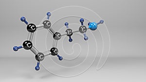 Phenylethylamine molecule 3D render illustration.