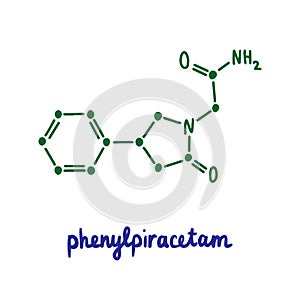 Phenylpiracetam hand drawn vector formula chemical structure lettering blue green