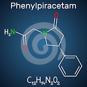 Phenylpiracetam nootropic drug molecule. It is a phenylated analog of the piracetam. Structural chemical formula on the dark blue