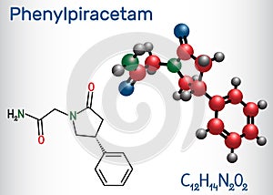 Phenylpiracetam nootropic drug molecule. It is a phenylated analog of the piracetam. Structural chemical formula and molecule