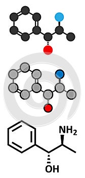 Phenylpropanolamine (norephedrine, norpseudoephedrine, beta-hydroxyamphetamine) drug molecule. Used as stimulant, decongestant and