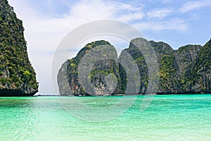 Phi phi islands, turquoise water and mountains surrounding the bay. Thailand, Phuket