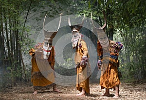 Phi ta khon festival ghost mask and colorful costume fun traditional thailand mask the show art and culture loei province Dan Sai