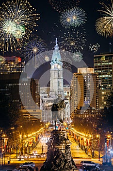 Philadelphia city skyline with fireworks