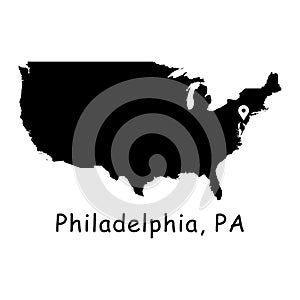 Philadelphia City on USA Map. Detailed America Country Map with Location Pin on Philadelphia PA Pennsylvania. Black silhouette vec