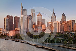 Philadelphia Downtown skyline with the Schuylkill river. Beautiful Sunset Light. Schuylkill River Trail in Background. City