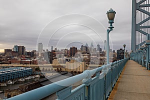 Philadelphia downtown skyline. View from Benjamin Franklin Bridge.