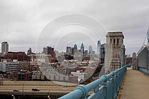 Philadelphia downtown skyline. View from Benjamin Franklin Bridge.