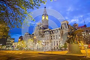 Philadelphia historic City Hall building at twilight