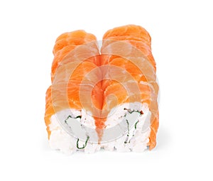 Philadelphia Maki Sushi made of Fresh Raw Salmon, Cream Cheese and Cucumber. Traditional Japanese food - sushi rolls on white