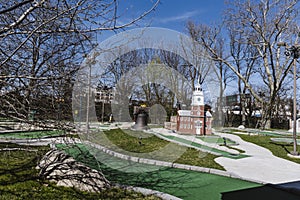 Philadelphia, PA - March 26 2021: Mini golf course with liberty bell in Franklin Square, Center City in Philadelphia