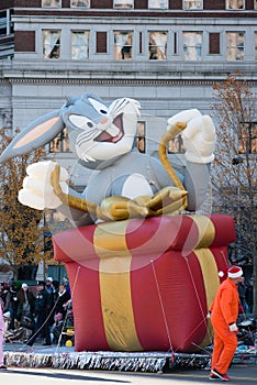 Philadelphia, PA - November 23, 2017: Bugs Bunny in Gift float at Annual Thanksgiving Day Parade in Center City