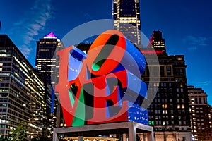 Evening view of LOVE Park, with its reproduction of Robert IndianaÃ¢â¬â¢s 1970 LOVE sculpture