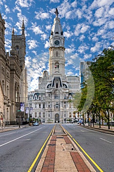 Looking down North Broad Street at the ornate Second Empire style Philadelphia City Hall