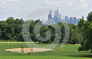 View of the Philadelphia, PA Skyline from Belmont Plateau, Fairmount Park with a Softball Field in the Foreground