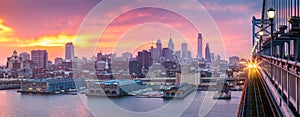 Philadelphia panorama under a hazy purple sunset