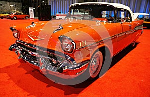 Philadelphia, Pennsylvania, U.S - January 14, 2024 - The matador red of 1957 Chevrolet Bel Air convertible