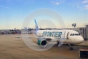 Philadelphia, Pennsylvania, U.S.A - March 13, 2020 - Frontier Airlines flights parked on the tarmac