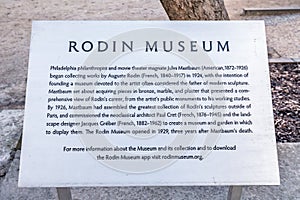 Philadelphia, Pennsylvania, USA - December, 2018 - Sign with descriptions and information at The Rodin Museum in Philadelphia