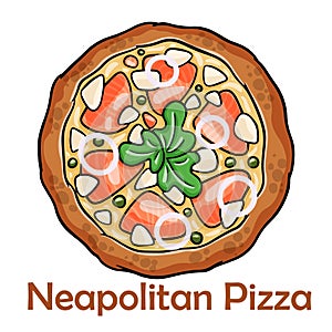 Philadelphia pizza with salmon, shrimps, tomatoes, mozzarella, capers, Philadelphia cheese. Neapolitan round pizza on white