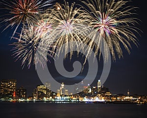 Philadelphia skyline and fireworks