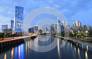 Philadelphia skyline reflected on Schuylkill River at dusk, Pennsylvania