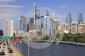 Philadelphia skyline with the Schuylkill River and highway on the foreground photo