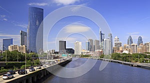 Philadelphia skyline with the Schuylkill River and highway on the foreground, USA