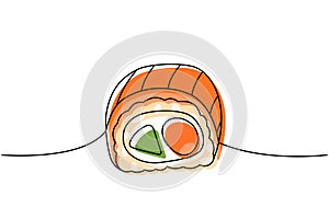 Philadelphia sushi roll one line colored continuous drawing. Japanese cuisine, traditional food continuous one line