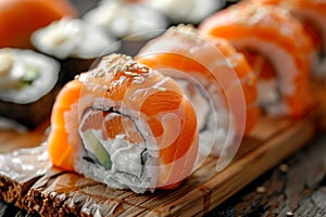 Philadelphia Sushi Roll Set, Uramaki, Nori Maki or Futomaki Sushi with Trout Fillets