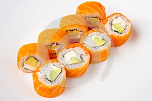 Philadelphia sushi roll with smoked salmon and avocado and cream cheese