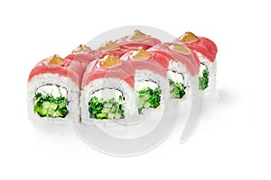 Philadelphia sushi rolls with cream cheese, cucumbers and hiyashi topped with tuna and nut sauce