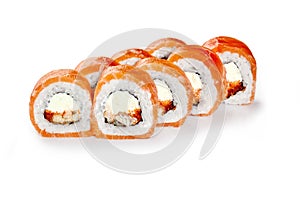 Philadelphia sushi rolls with cream cheese, eel and masago wrapped in salmon fillet